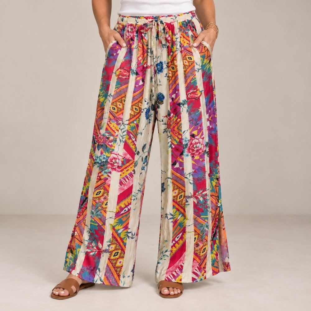 Johnny Was Esplanad Silk Palazzo Pant XL Floral Geometric Wide Leg Boho Colorful